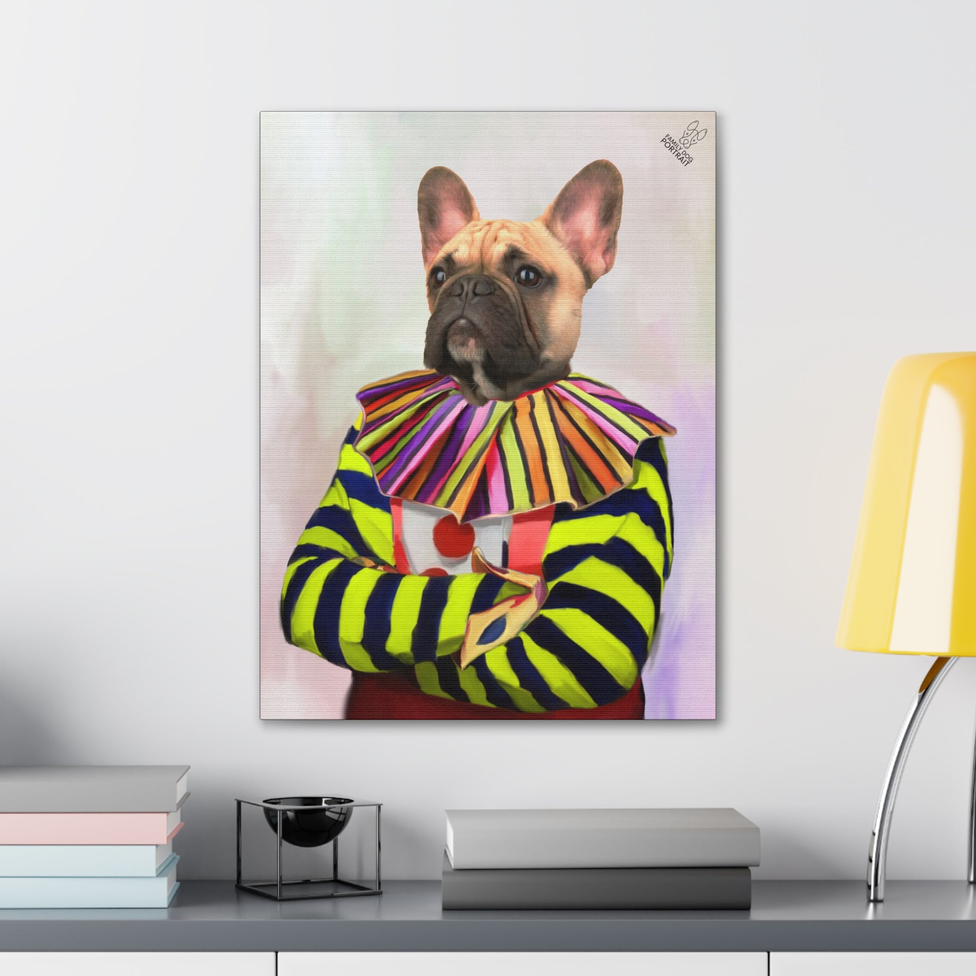 Canvas print of a dog in colorful clothing on a wall above a desk.