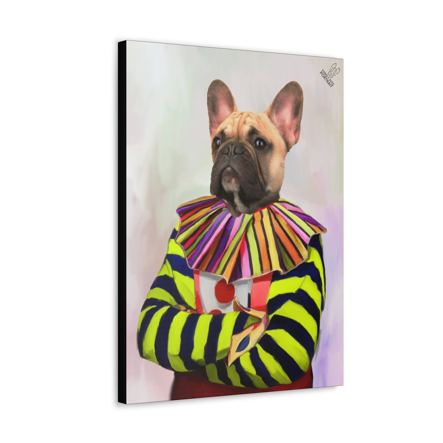 Canvas print of a dog wearing a colorful outfit with a white background