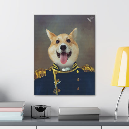 Framed portrait of a dog in a military uniform on a wall above a desk.