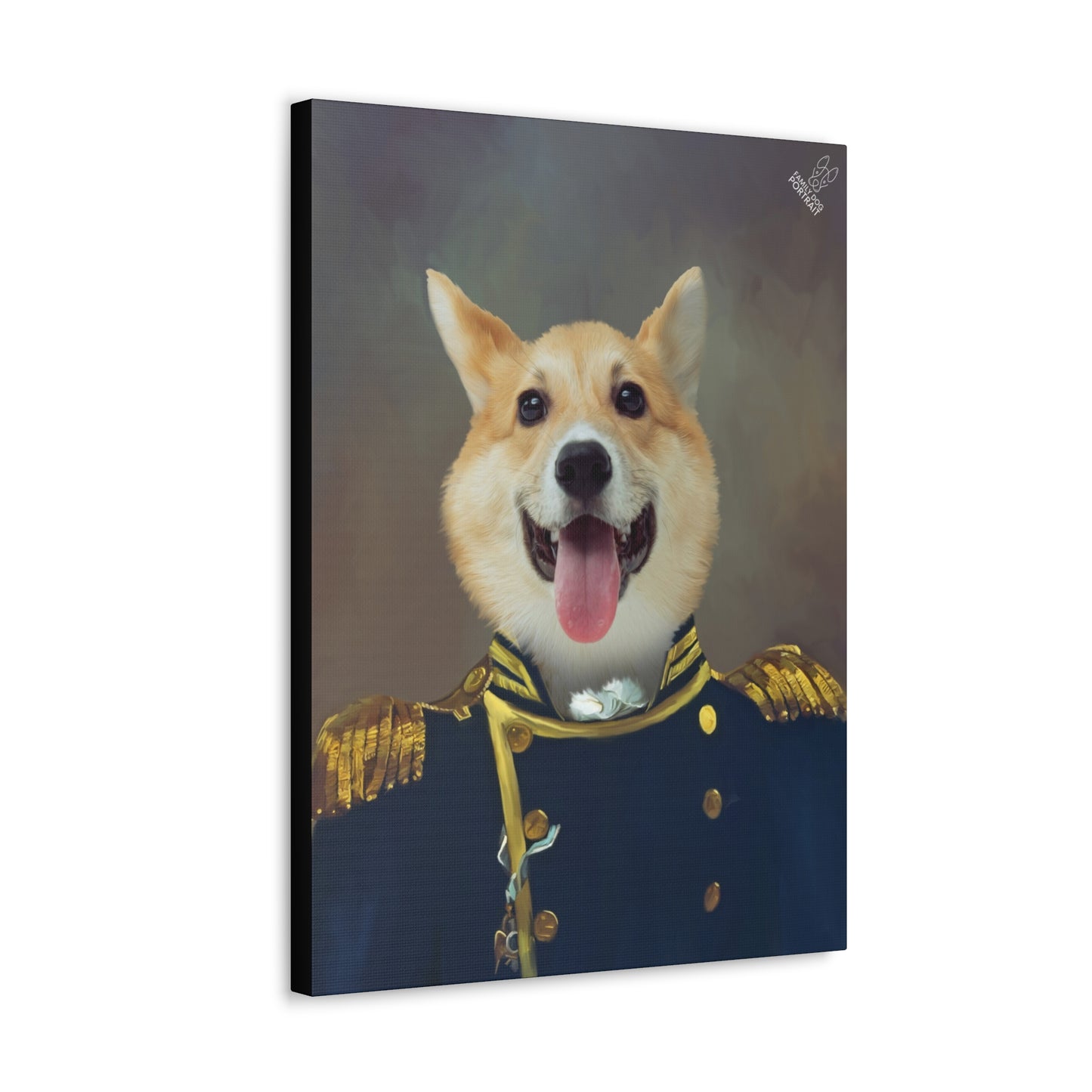 Canvas print of a dog in a military uniform on a dark background