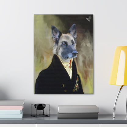 Framed portrait of a dog in formal attire on a wall above a desk with books and a lamp.