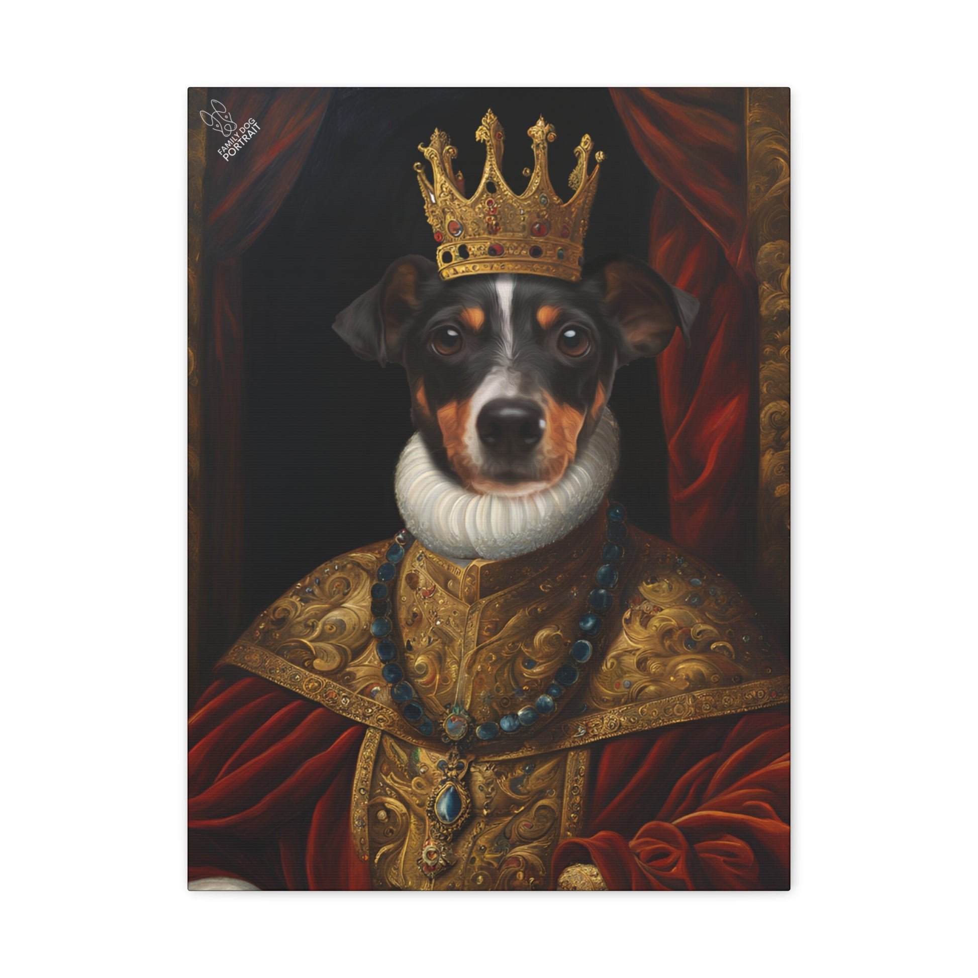 Dog wearing a crown and ornate robe on a dark background
