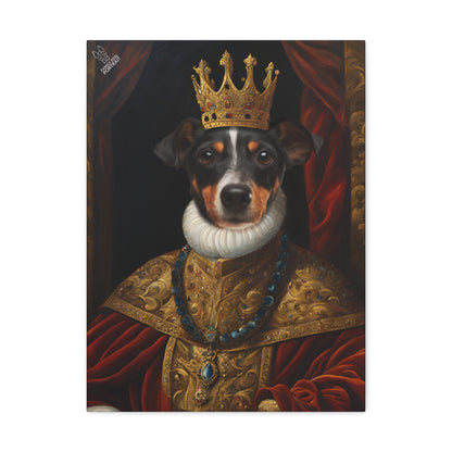 Dog wearing a crown and ornate robe on a dark background