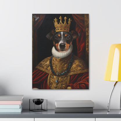 Framed portrait of a dog wearing a crown and robe on a shelf.