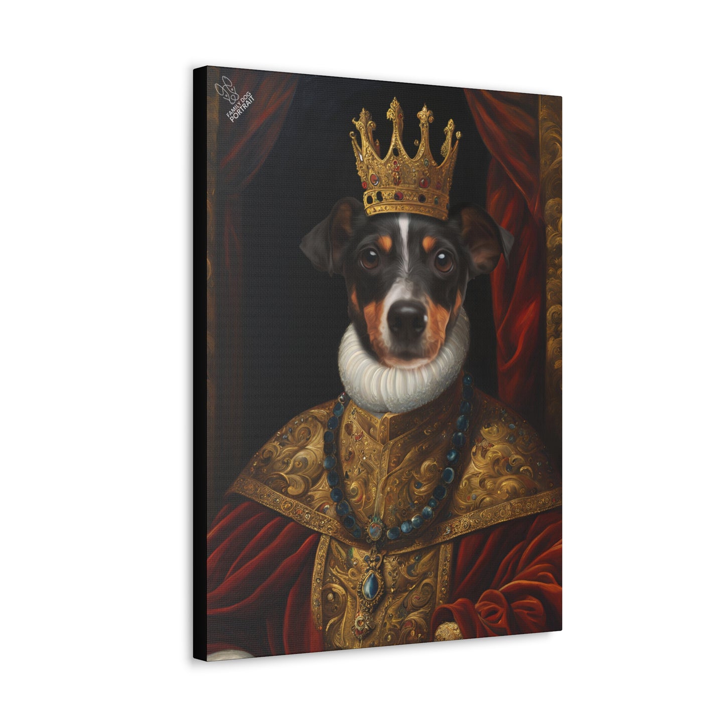 Canvas print of a dog wearing a crown and ornate clothing on a dark background