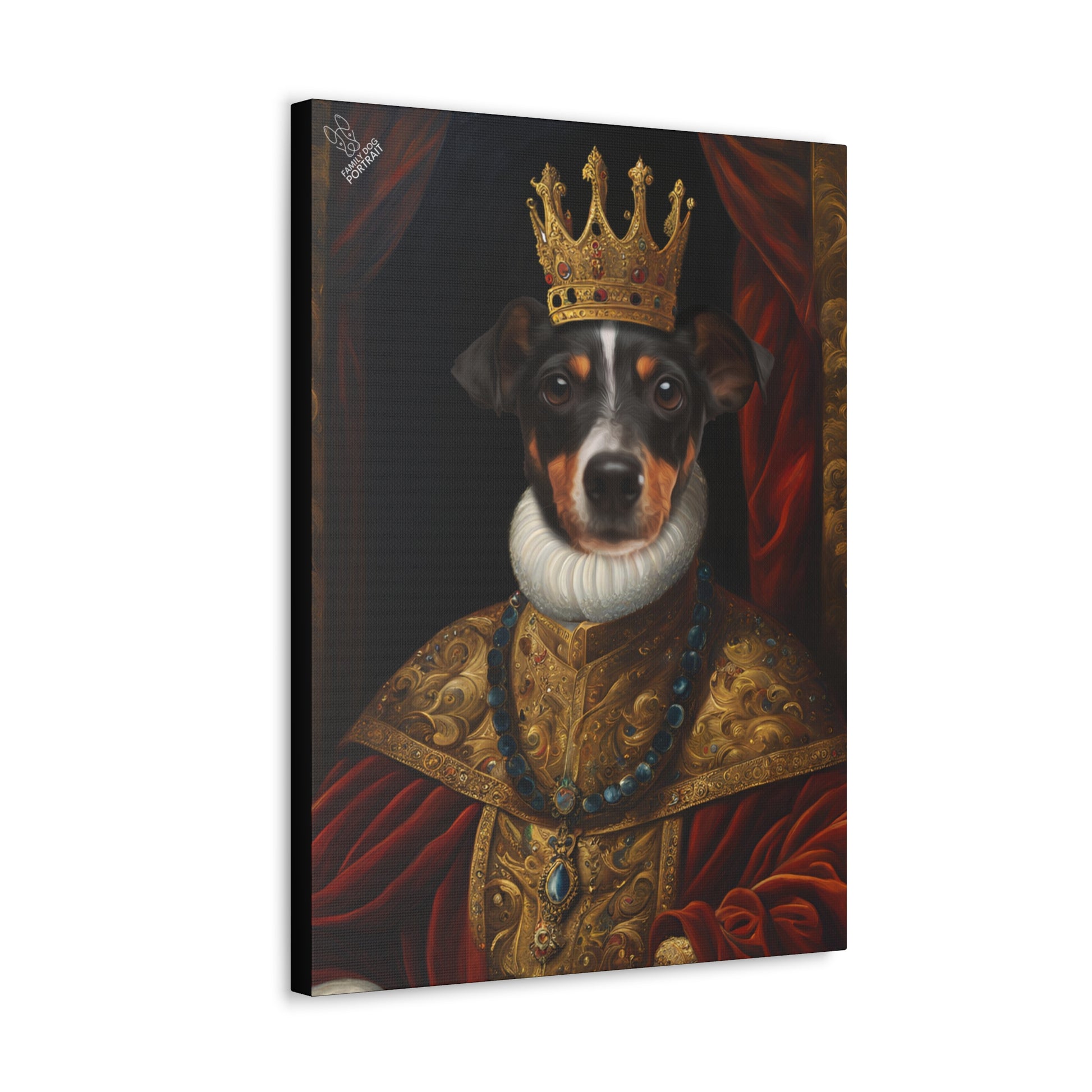 Canvas print of a dog wearing a crown and ornate clothing on a dark background