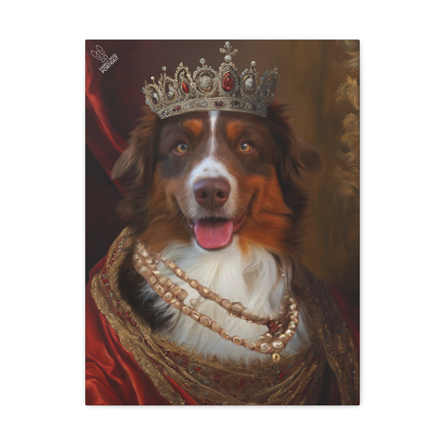 Dog with a crown and red robe, resembling a royal portrait