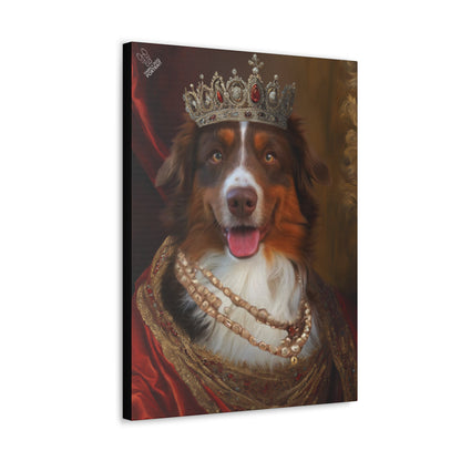 Canvas print of a dog wearing a crown and robe with a regal background.
