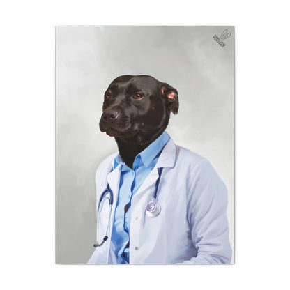 Dog wearing a doctor's coat with a stethoscope on a gray background