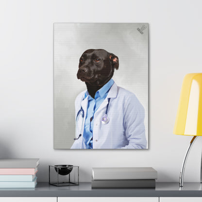 Framed artwork of a dog dressed as a doctor on a shelf with books and a lamp.