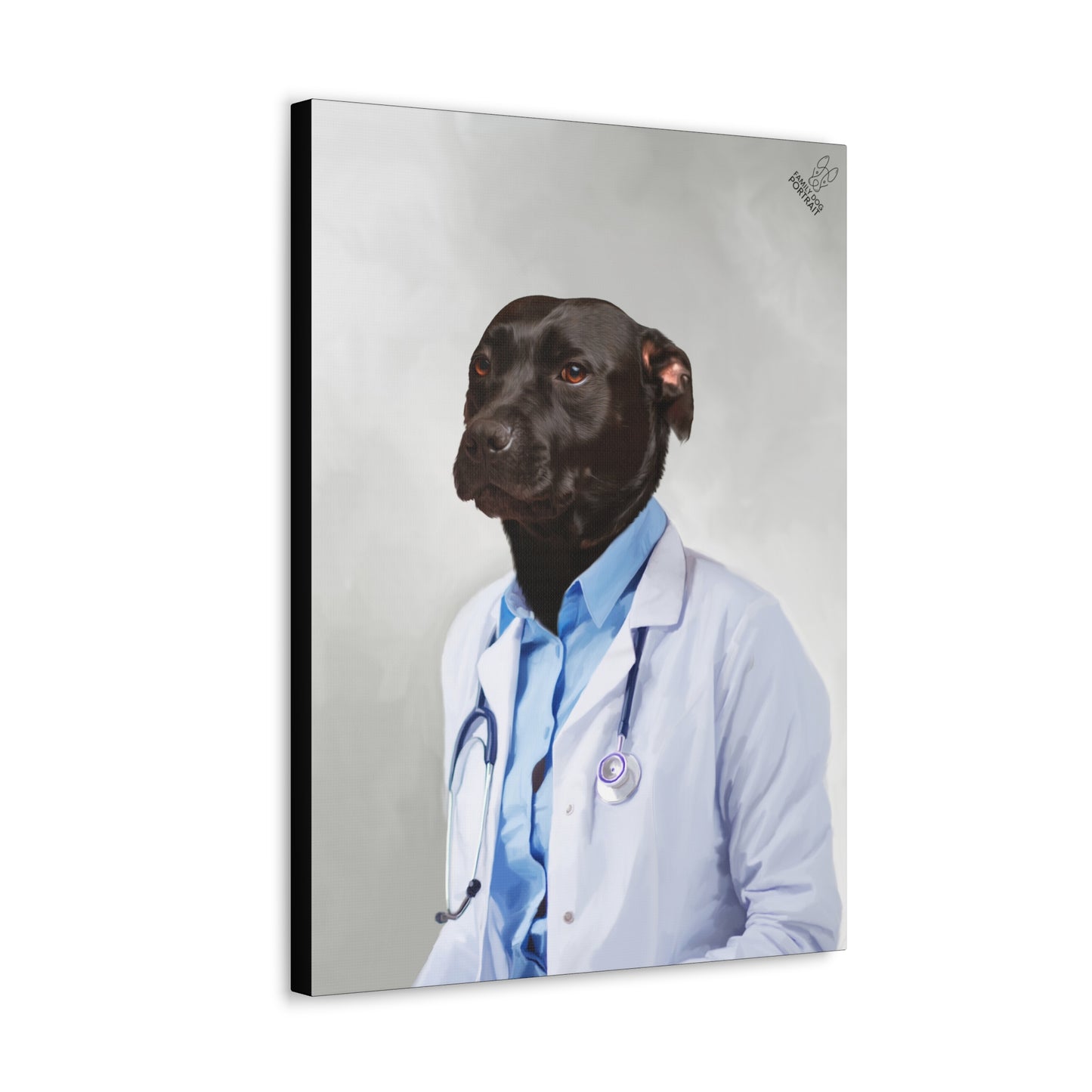 Canvas print of a dog wearing a doctor's outfit with a stethoscope on a white background