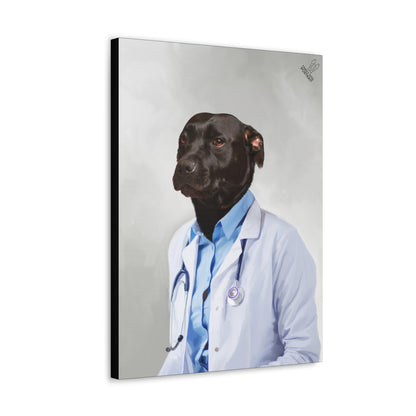 Canvas print of a dog wearing a doctor's outfit with a stethoscope on a white background