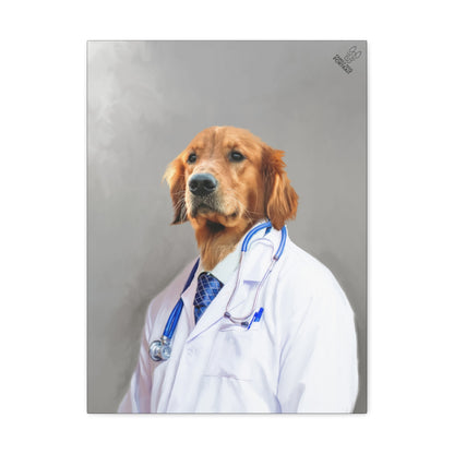 Dog wearing a white coat with a stethoscope on a gray background