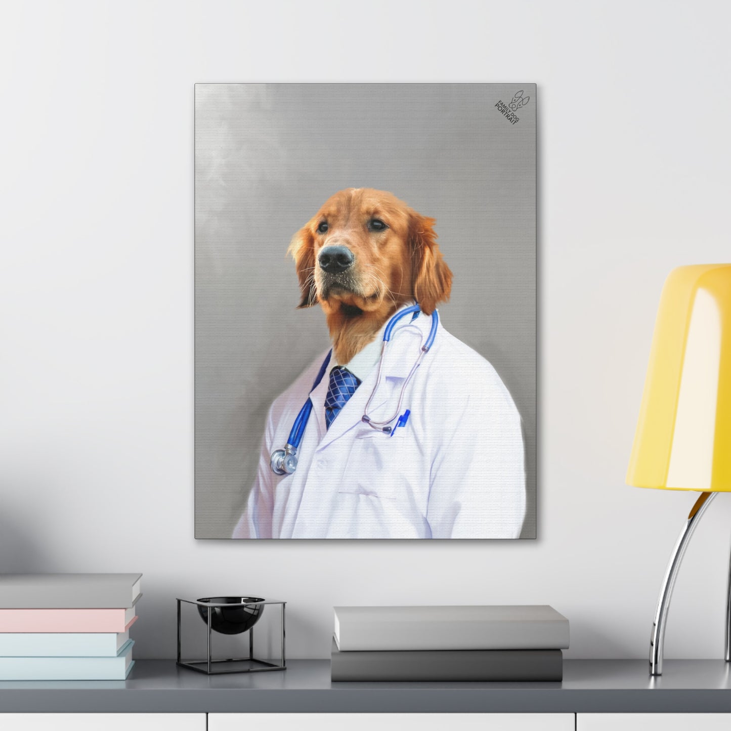 Dog in a doctor's outfit with a stethoscope on a wall above a desk.