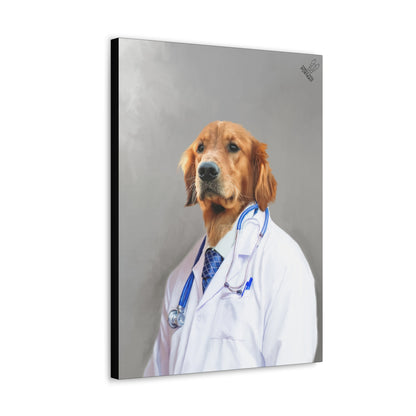 Canvas print of a dog dressed as a doctor with a stethoscope on a gray background