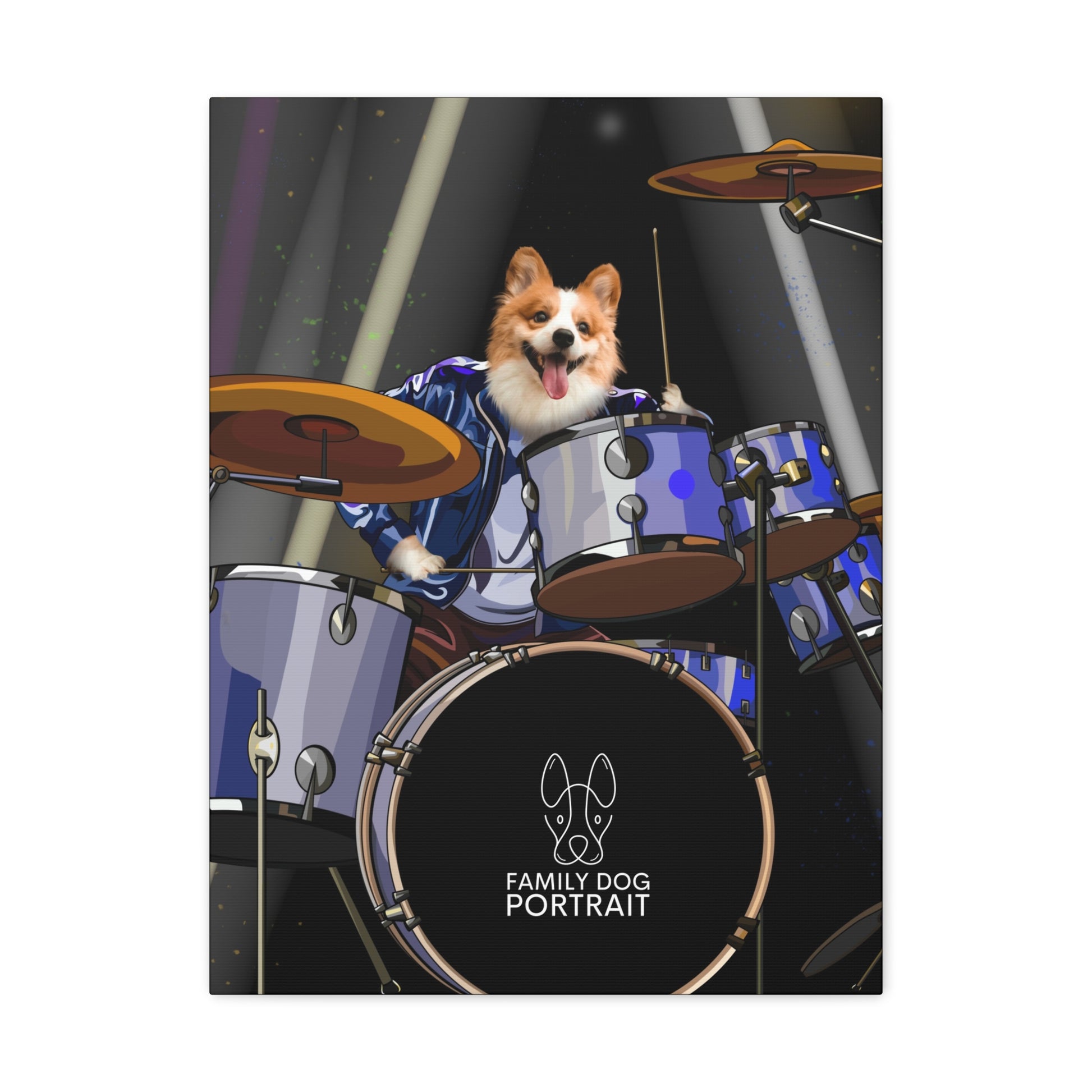 Dog playing drums with a 'Family Dog Portrait' logo on a black background