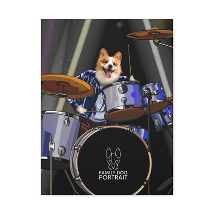 Dog playing drums with a 'Family Dog Portrait' logo on a black background