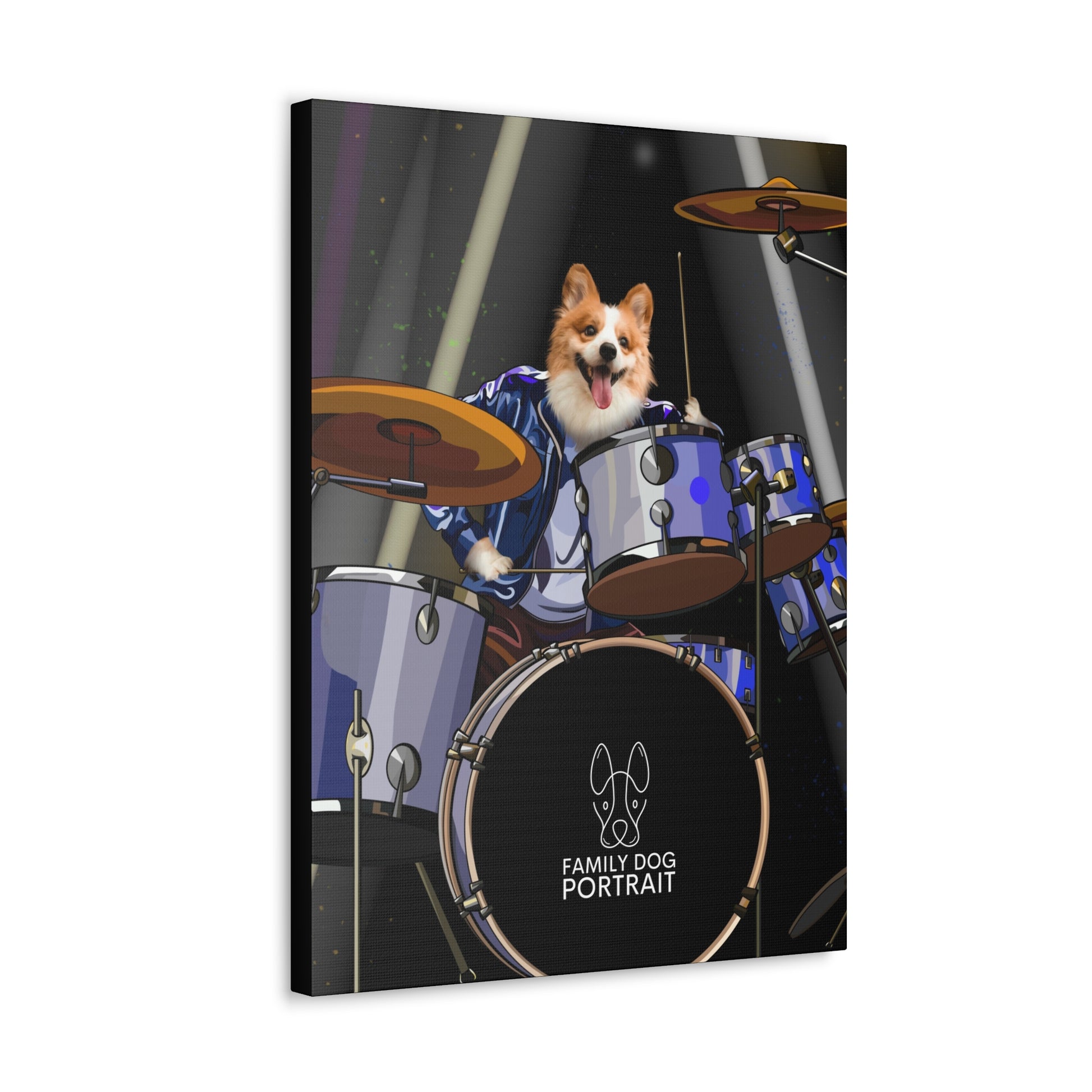 Canvas print of a dog playing drums with 'Family Dog Portrait' branding.