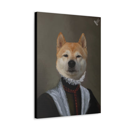 Canvas print of a dog with a historical costume on a dark background
