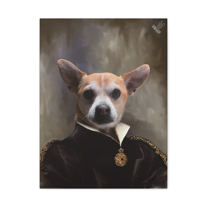 Dog in a formal outfit with a gold pendant against a neutral background