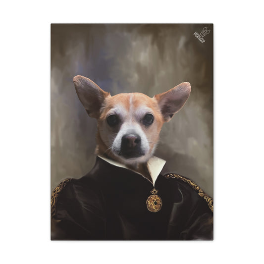 Dog in a formal outfit with a gold pendant against a neutral background