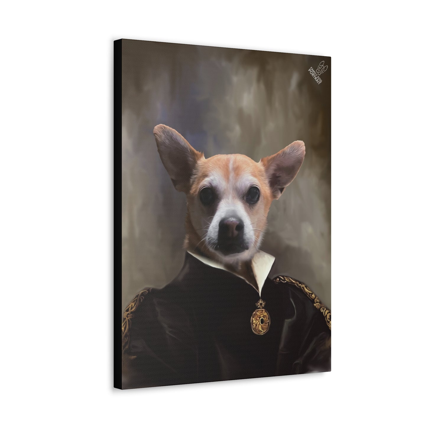 Canvas print of a dog dressed in formal attire with a gold medal on a textured background