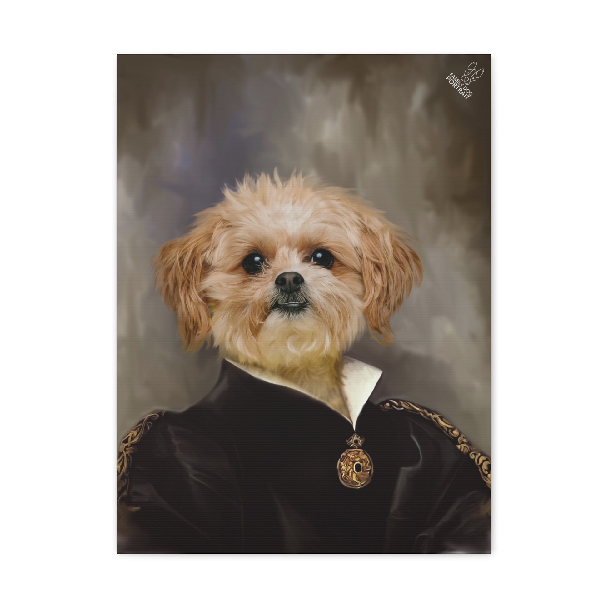 Dog in a formal outfit with a gold emblem against a neutral background