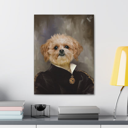 Framed portrait of a dog resembling a historical painting on a wall above a desk.