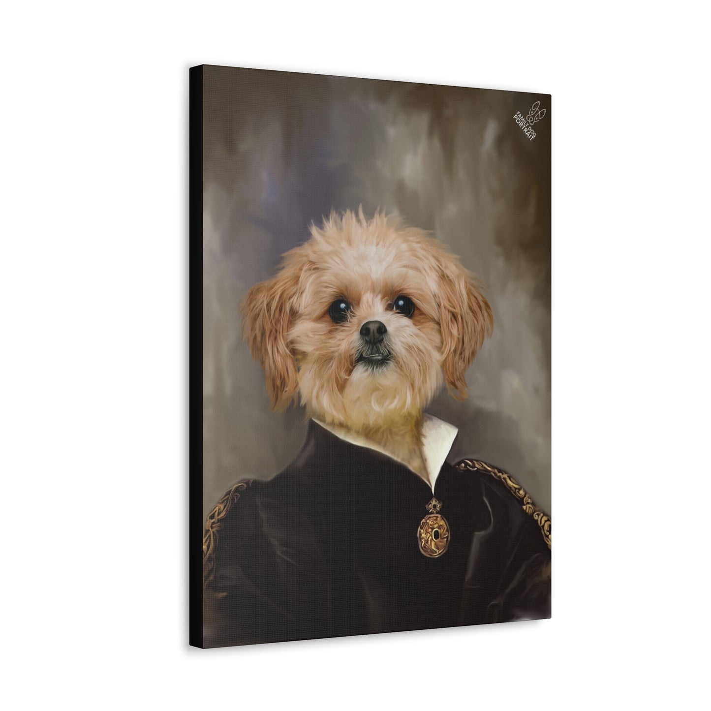 Canvas print of a dog dressed in formal attire with a gold medal on a dark background