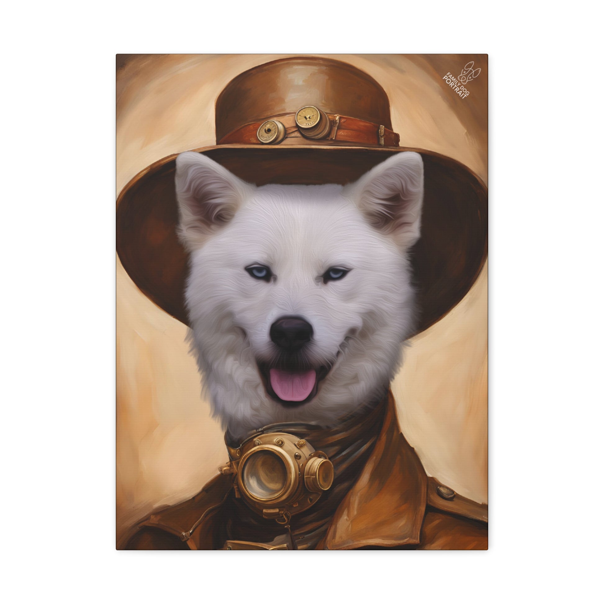 White dog in steampunk attire with a large hat and goggles on a beige background