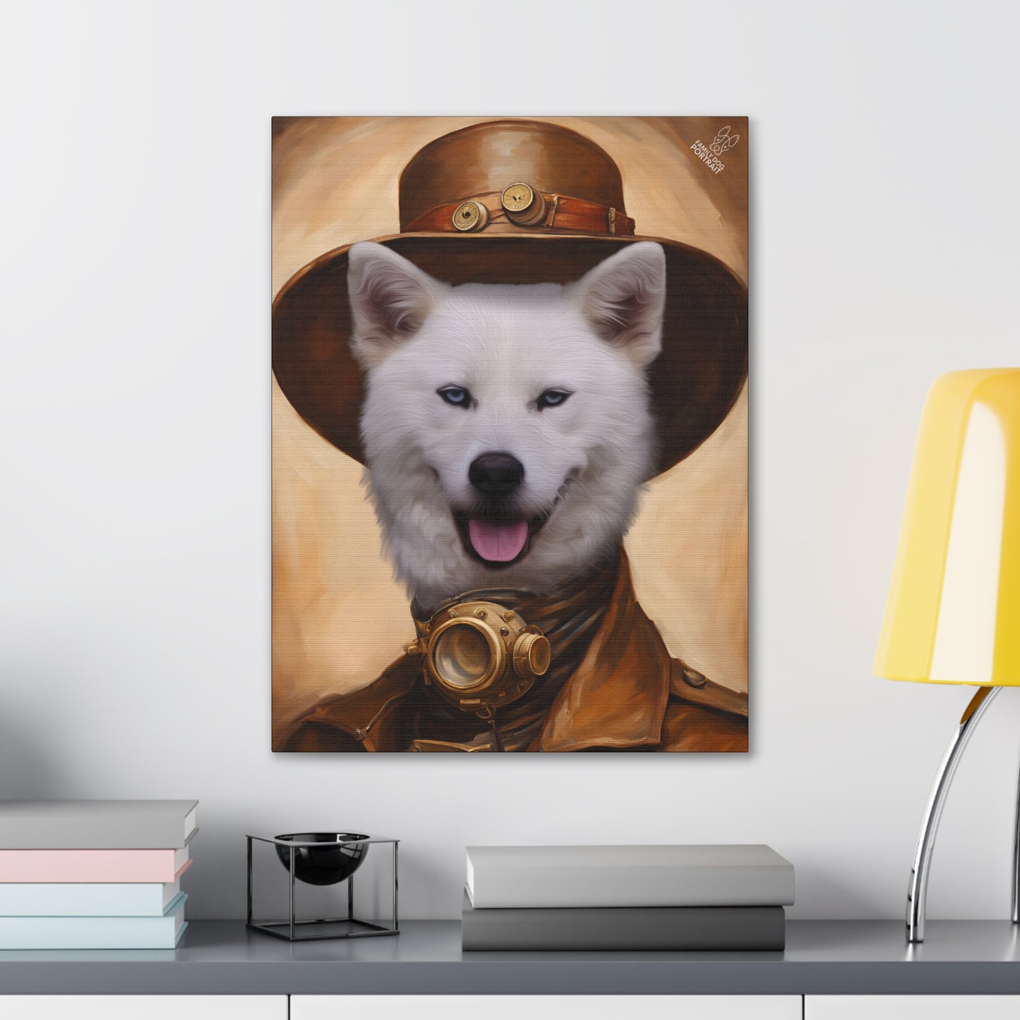 Canvas print of a dog wearing a steampunk hat on a wall above a desk.