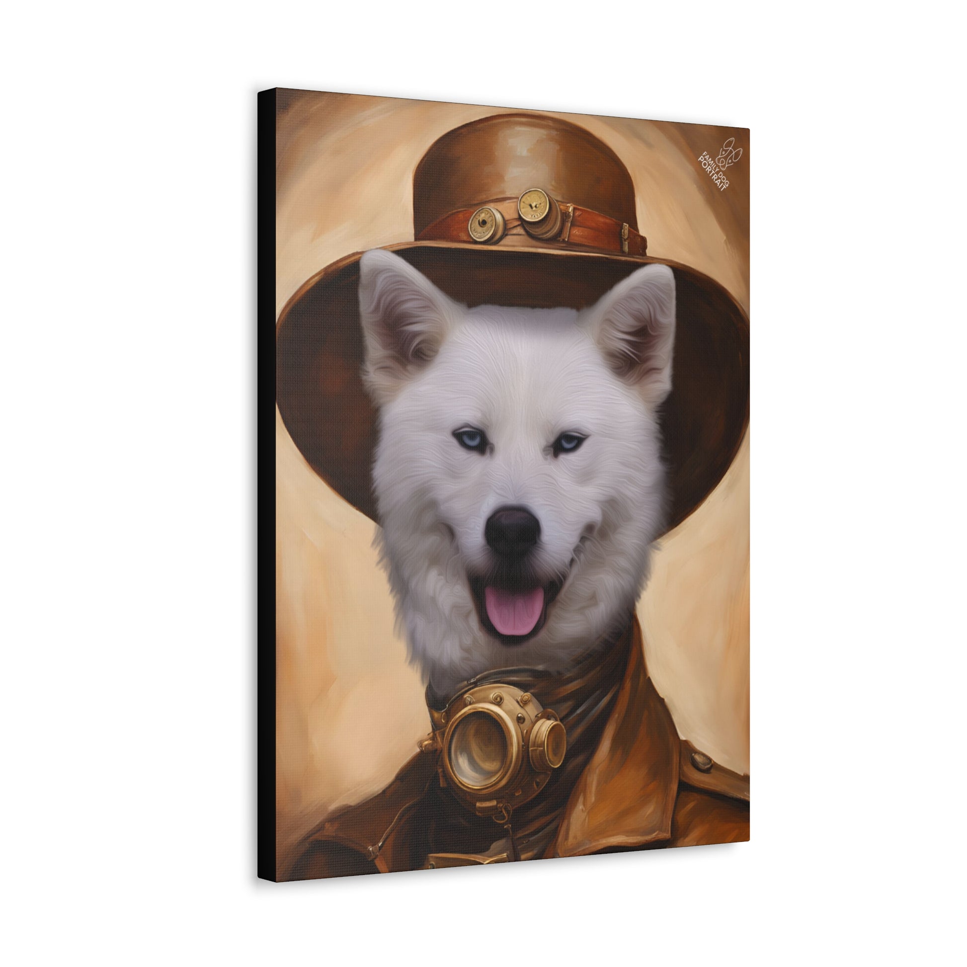 Canvas print of a white dog wearing a steampunk-style hat and goggles on a beige background