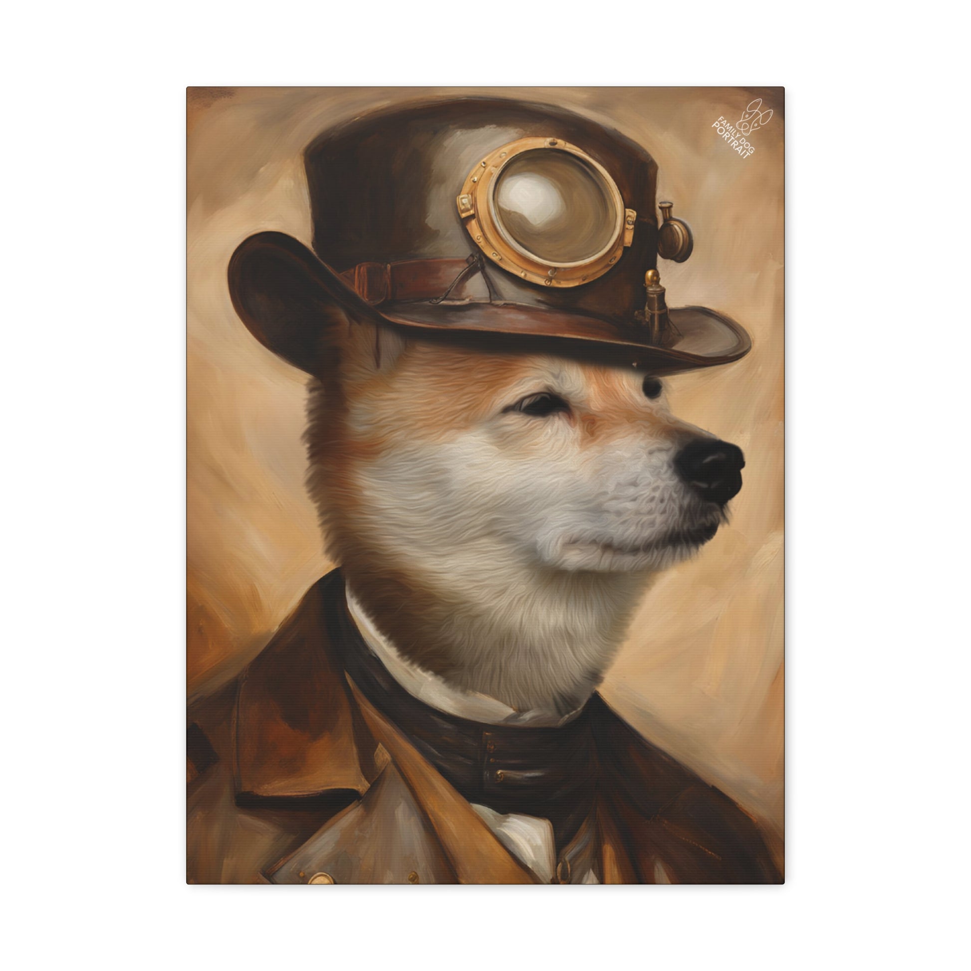 Painting of a dog wearing a steampunk hat and suit on a beige background