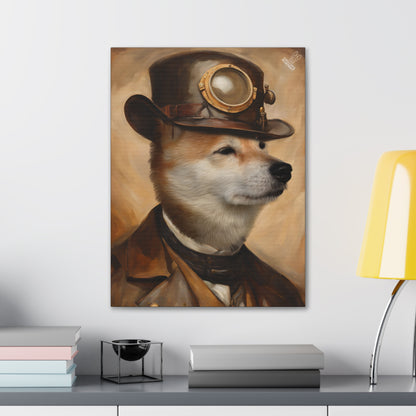 Canvas print of a dog wearing a steampunk hat on a wall above a shelf.