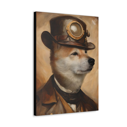 Canvas print of a dog wearing a steampunk hat and outfit on a white background