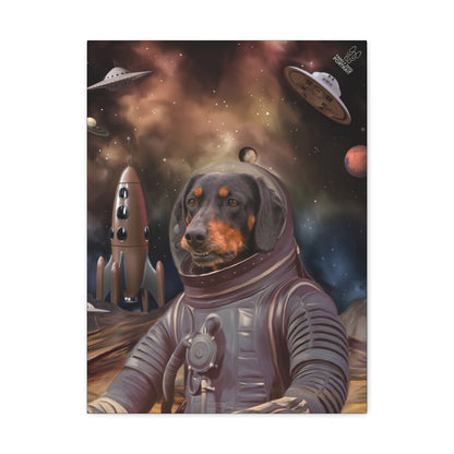 Dog in an astronaut suit with space-themed background including a rocket and UFOs.