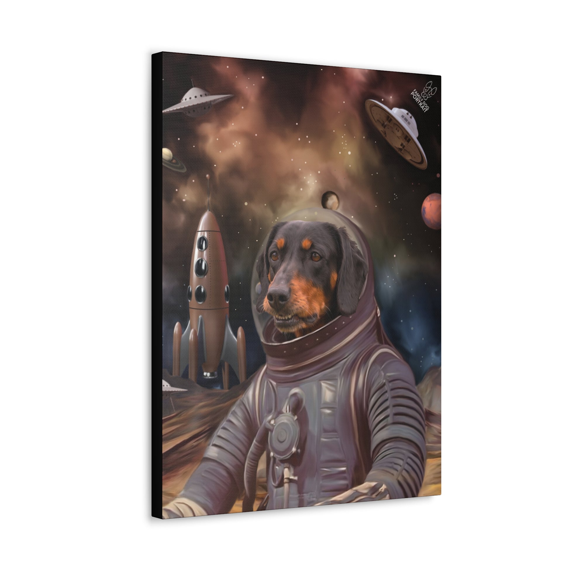Canvas print of a dog in an astronaut suit with space-themed background