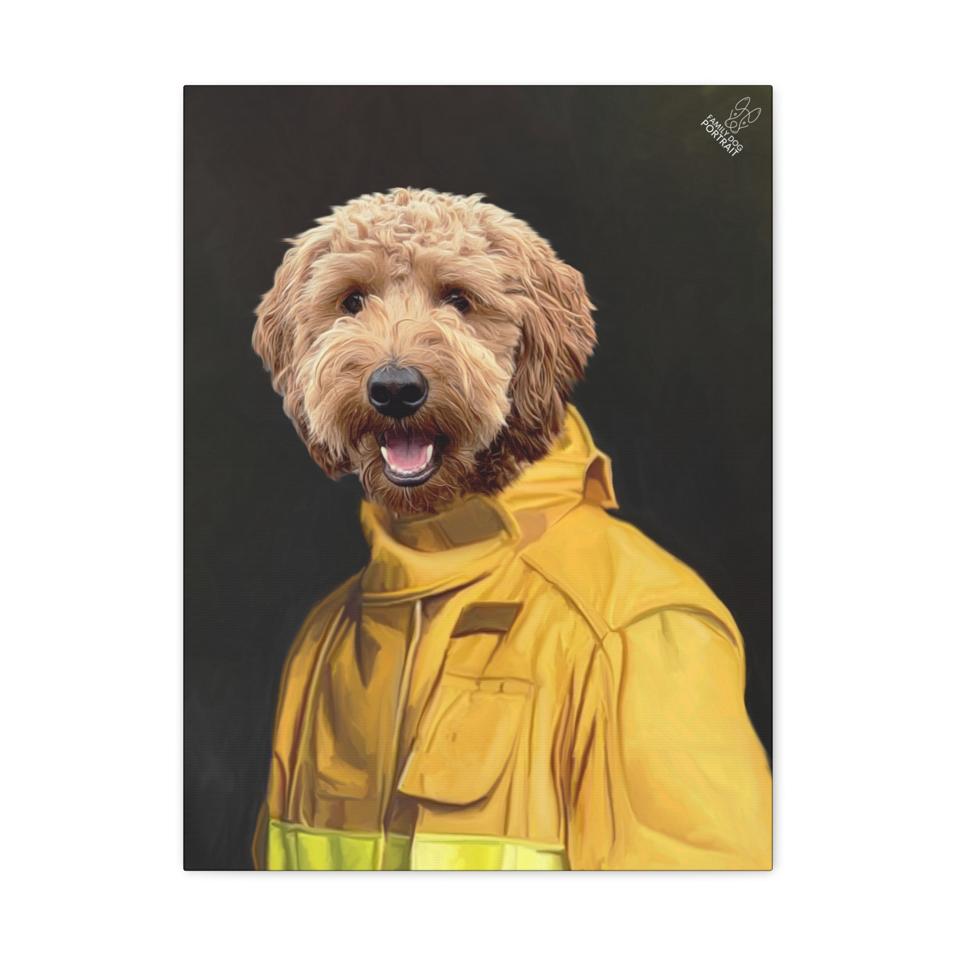 Dog wearing a yellow raincoat on a black background