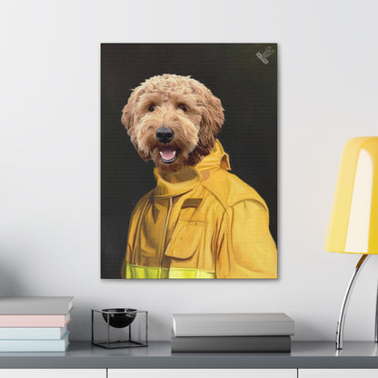 Canvas print of a dog wearing a yellow raincoat on a wall above a desk.