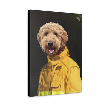 Canvas print of a dog wearing a yellow raincoat on a black background