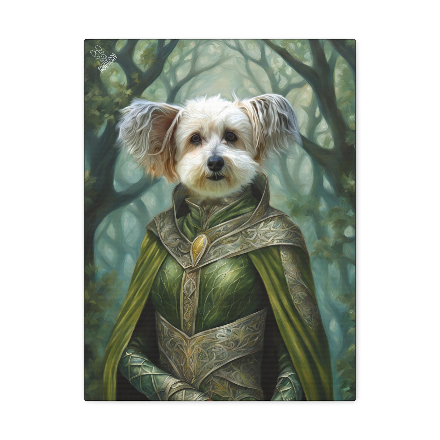 Dog in a fantasy costume with a green cloak and heart emblem, standing in a forest.