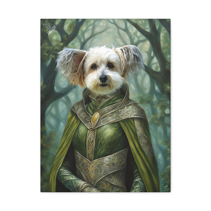 Dog in a fantasy costume with a green cloak and heart emblem, standing in a forest.