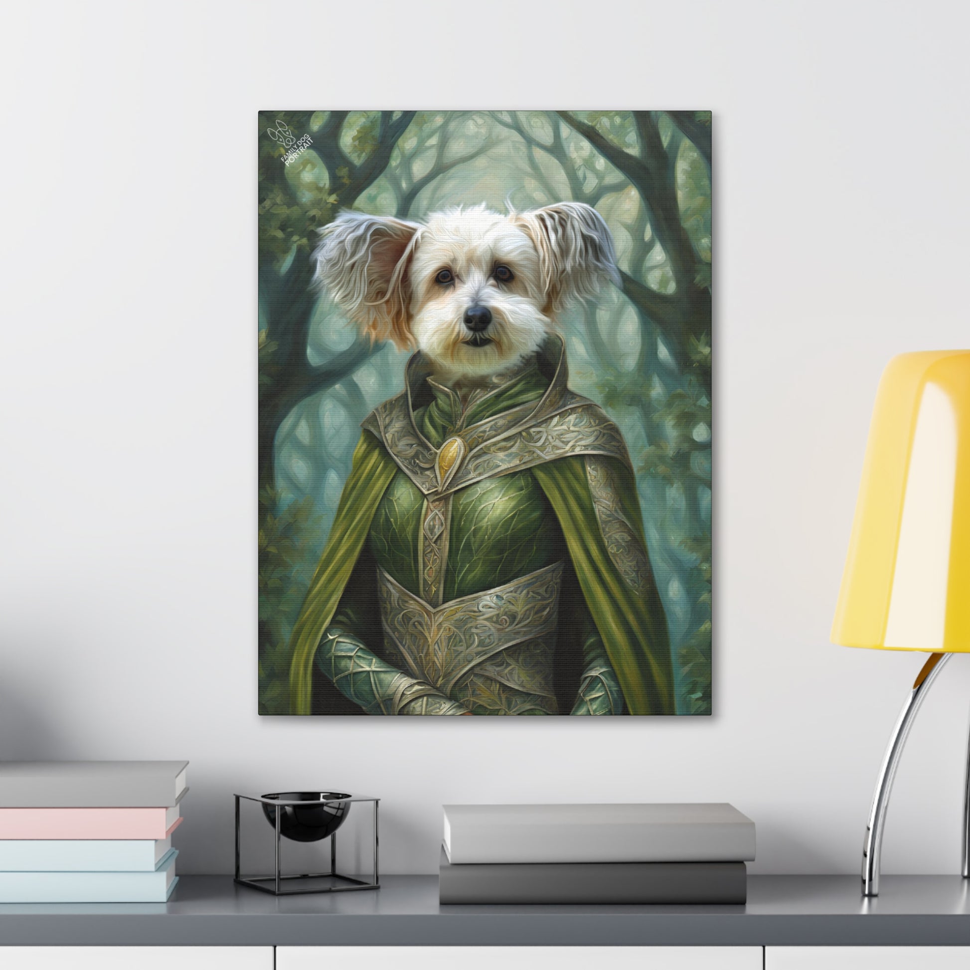 Framed artwork of a dog in a fantasy costume on a wall above a desk.