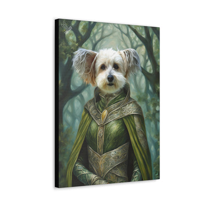 Dog in a fantasy costume with a forest background on a canvas print