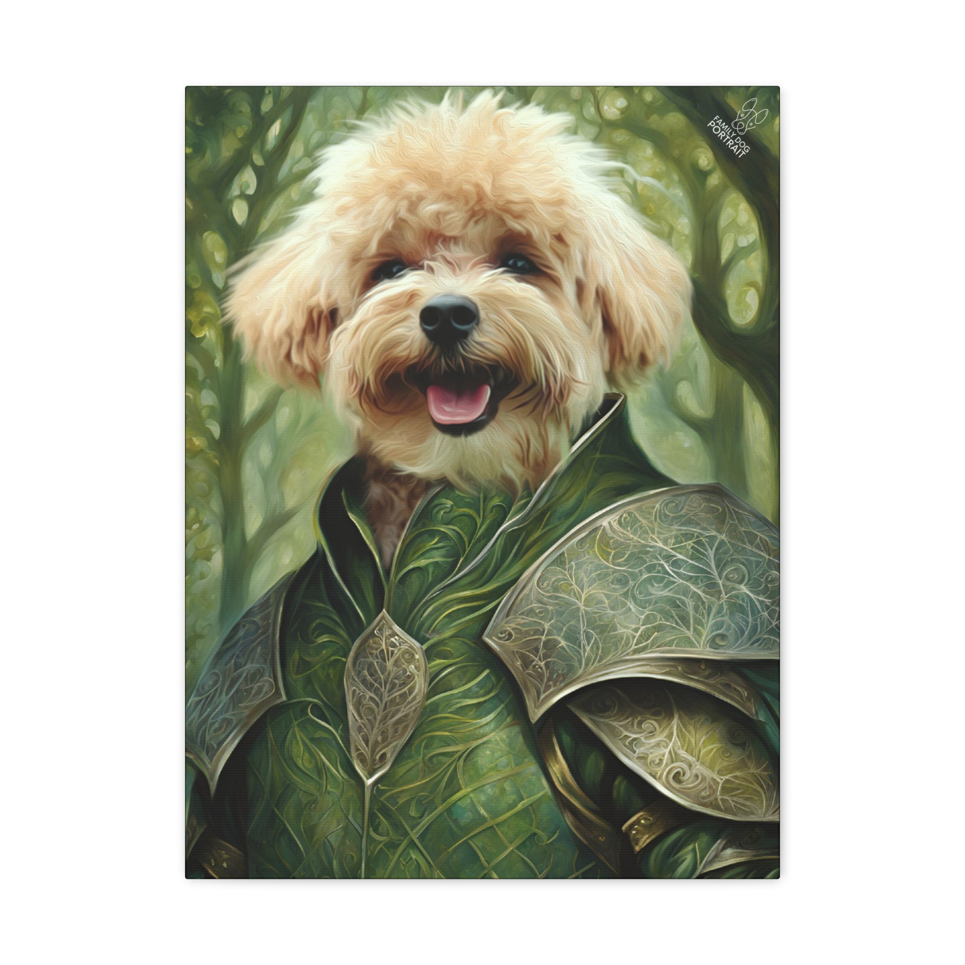 Dog in fantasy armor with a forest background