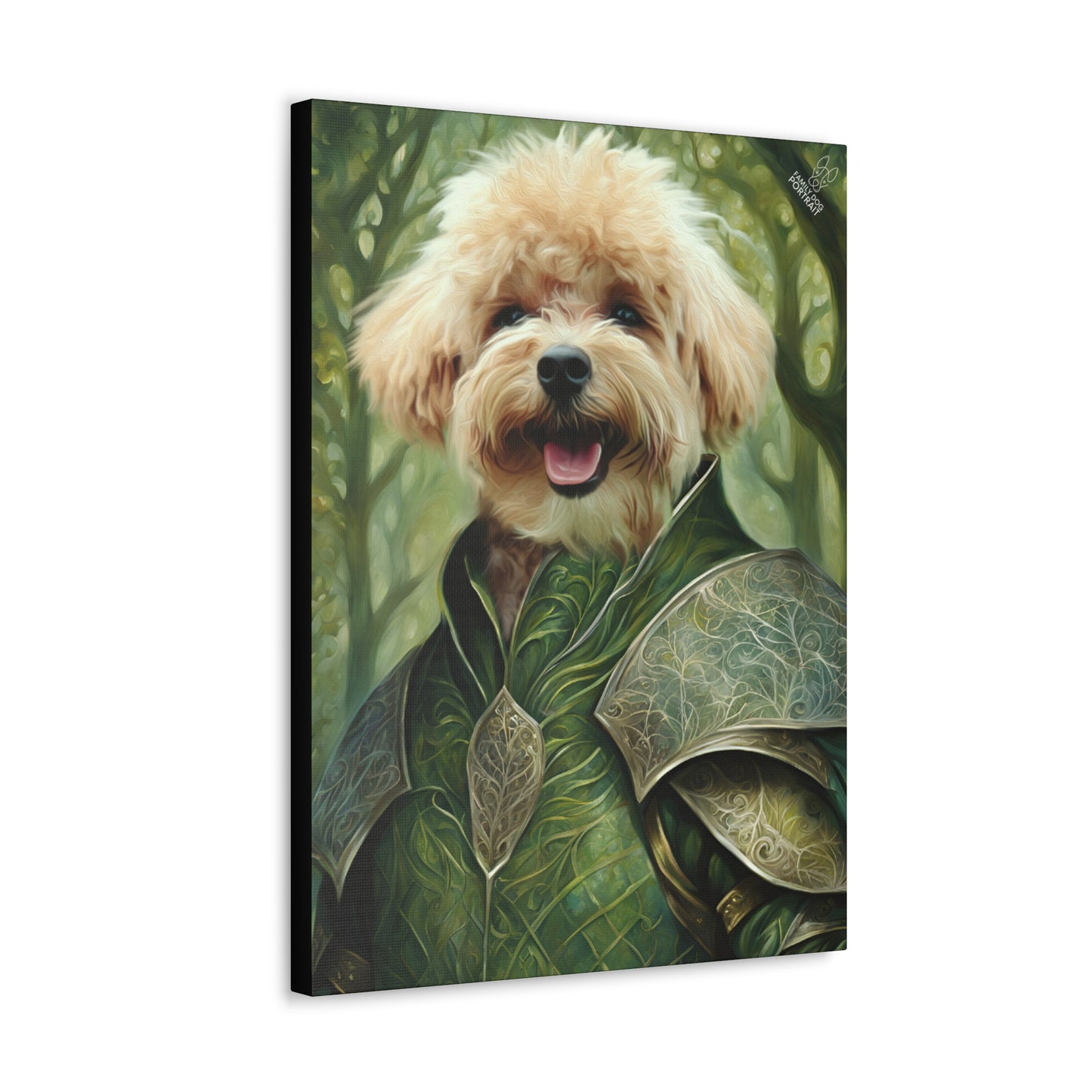 Canvas print of a dog in armor with a fantasy forest background