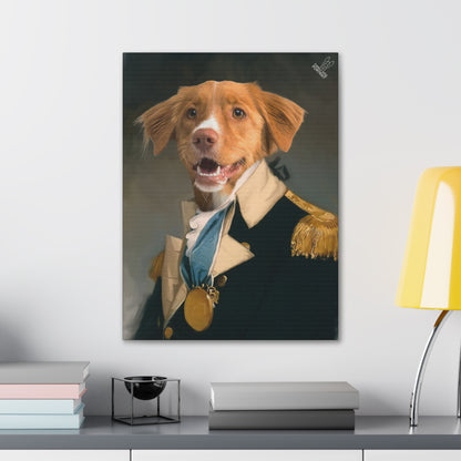 Framed portrait of a dog resembling a historical figure on a wall above a desk.