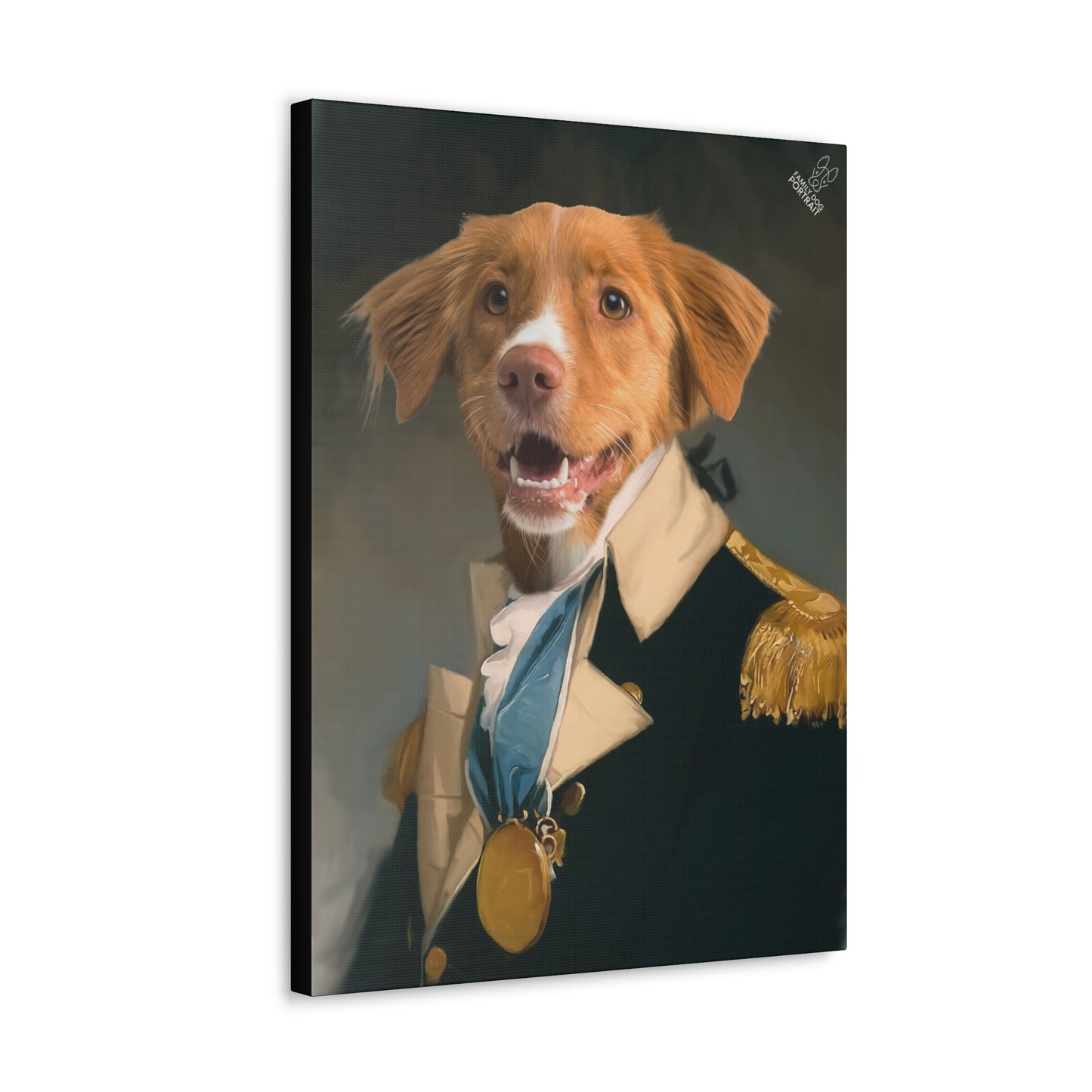 Canvas print of a dog dressed in historical military attire with a dark background