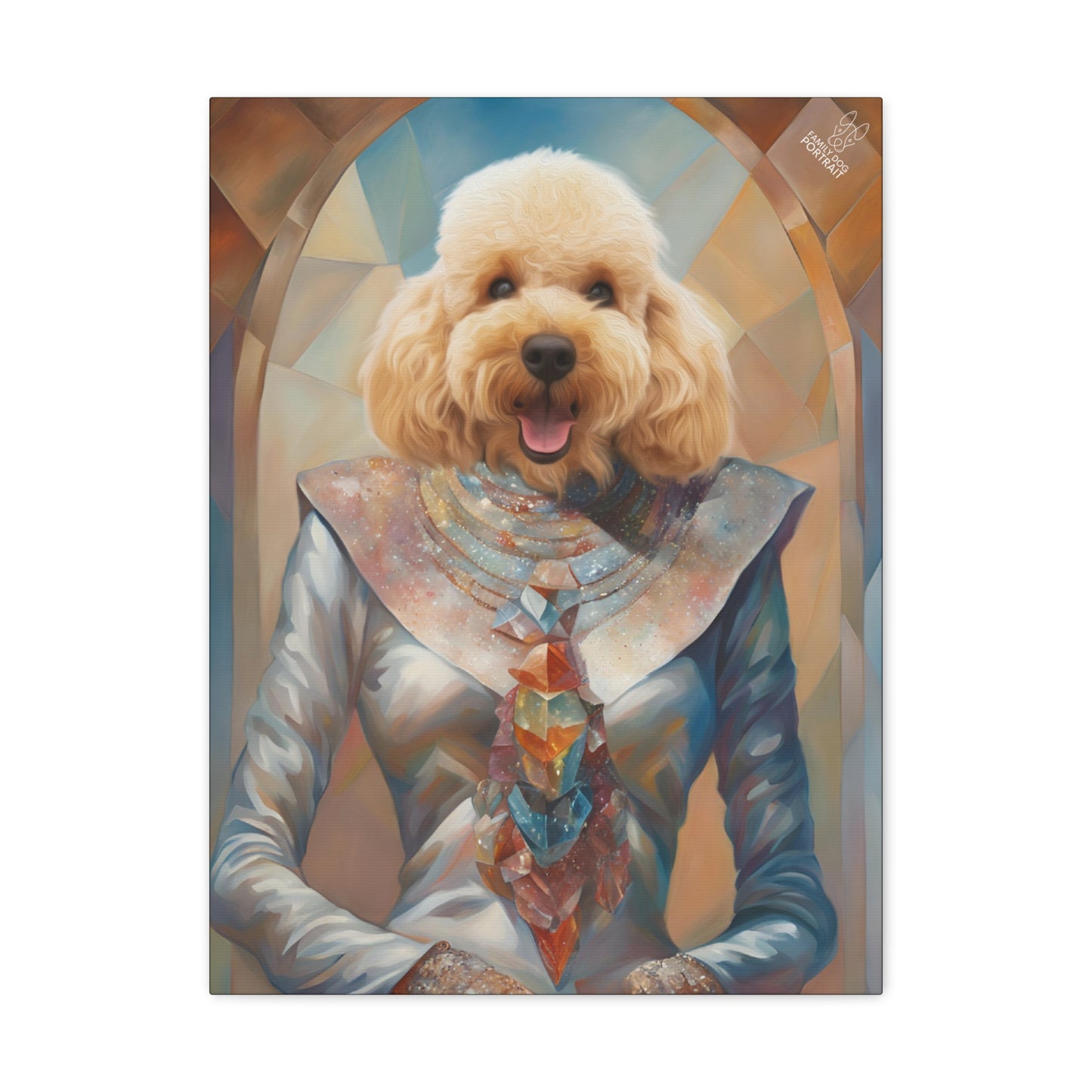Painting of a dog with a colorful scarf in an artistic frame