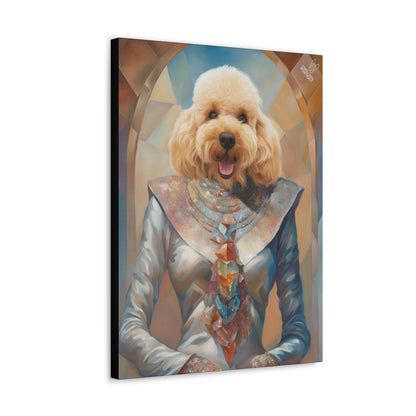 Canvas print of a dog with a colorful scarf against a white background